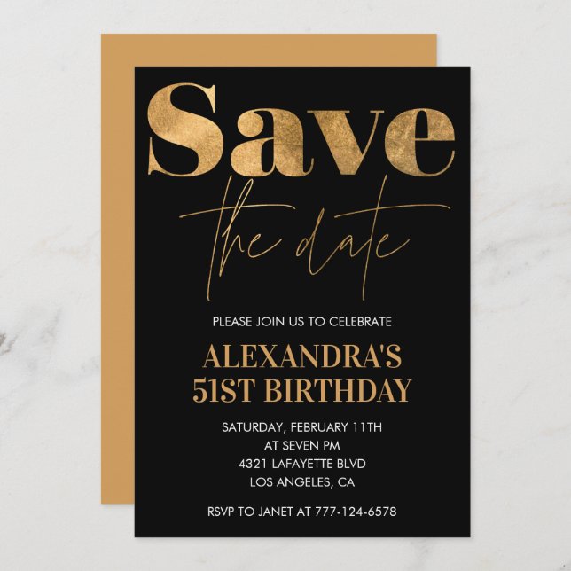 Black Gold 51st birthday invitations Save the date (Front/Back)