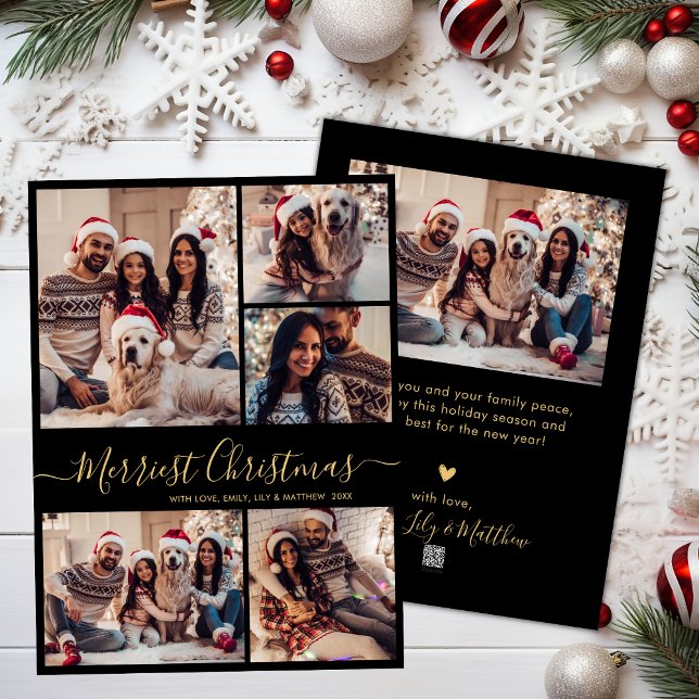 Black Gold 5 Photo Collage Merriest Christmas  Holiday Card (Creator Uploaded)