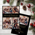 Black Gold 5 Photo Collage Merriest Christmas  Holiday Card<br><div class="desc">Modern Elegant Calligraphy Simple Black and Gold 5 Photo Collage Merriest Christmas Script Holiday Card. This festive, minimalist, whimsical five (5) photo holiday greeting card template features a pretty grid photo collage and „Merriest Christmas” greeting text which is written in a beautiful hand lettered swirly swash-tail font script in gold...</div>