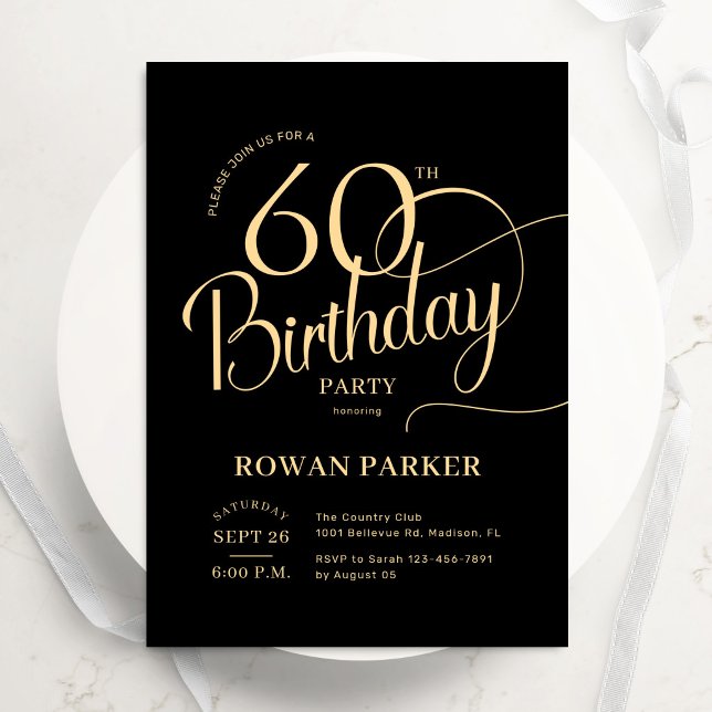 Black Gold 60th Birthday Elegant Script Invitation (Creator Uploaded)