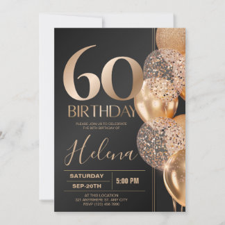 Black Gold 60th Birthday Glam Confetti Balloons Invitation