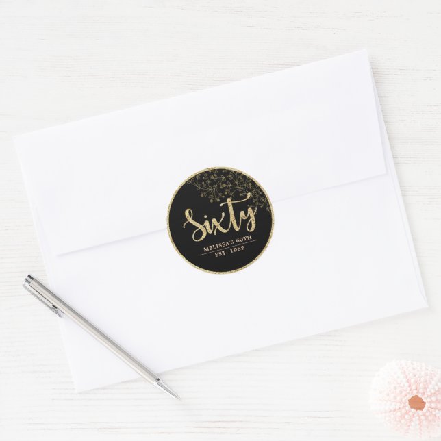 Black & Gold 60th Birthday Party Favour Sticker (Envelope)