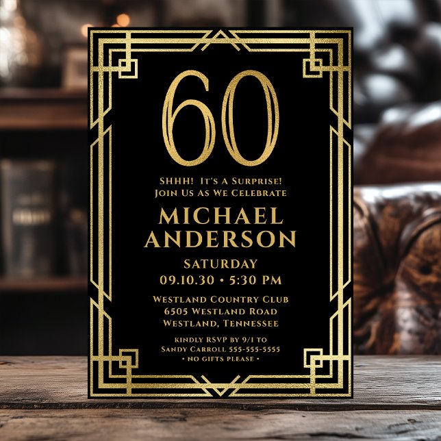 Black Gold 60th Birthday Photo Surprise Party Invitation (Creator Uploaded)