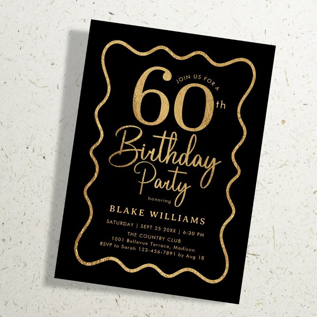 Black Gold 60th Birthday Wavy Border Invitation (Creator Uploaded)