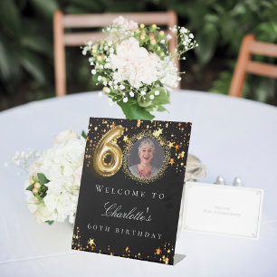 Black gold 60th photo birthday party welcome pedestal sign