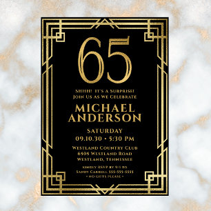Black Gold 65th Birthday Photo Surprise Party Invitation