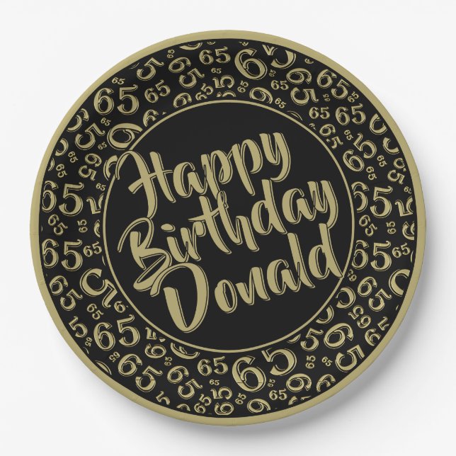 Black/Gold 65th Random Number Pattern Paper Plate (Front)