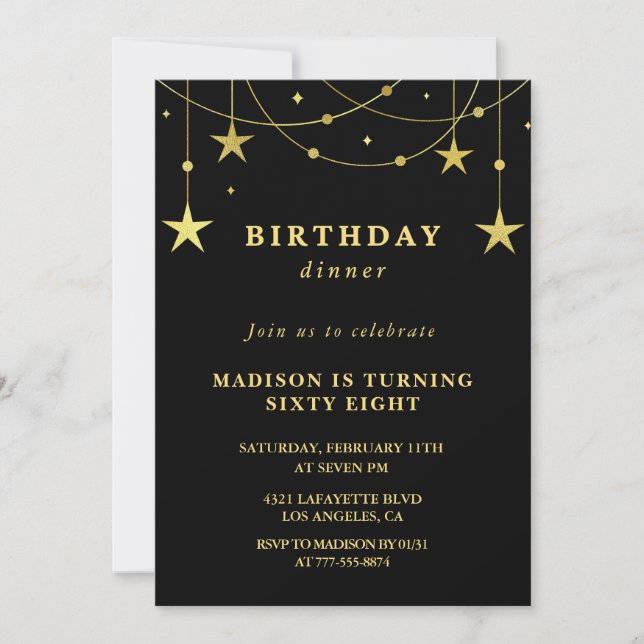 Black Gold 68th birthday invitations  Stars (Front)