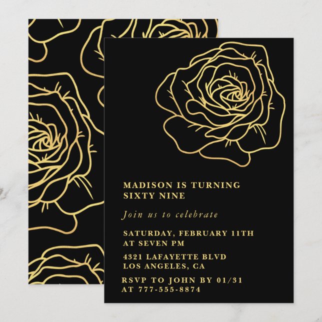 Black Gold 69th birthday invitations Floral (Front/Back)