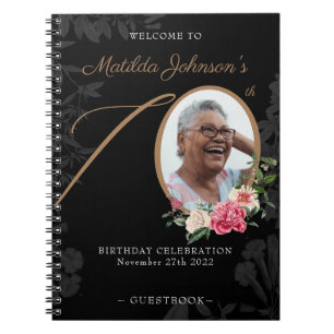 Black Gold 70th Birthday Floral Photo Guestbook Notebook