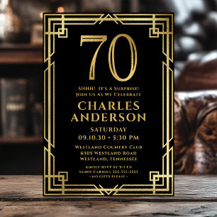 Black Gold 70th Birthday Photo Surprise Party Invitation