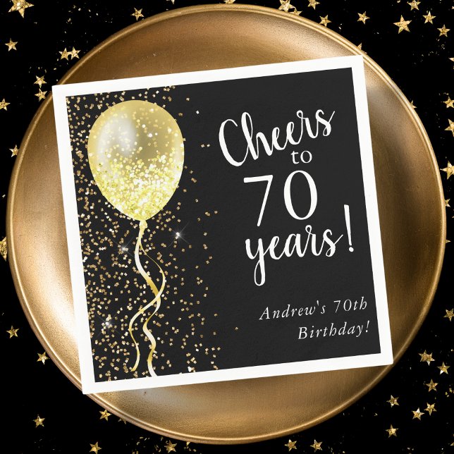 Black & Gold | 70th Glitter Balloon Birthday  Napkin (Creator Uploaded)