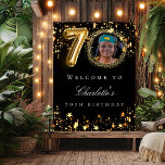 Black gold 70th photo birthday party welcome poster<br><div class="desc">A welcome poster for a 70th birthday party. Black background and faux gold coloured stars. Personalise and add a name and photo.</div>