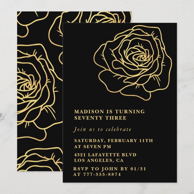 Black Gold 73rd birthday invitations Floral (Front/Back)