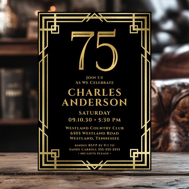 Black Gold 75th Birthday Photo Invitation (Creator Uploaded)