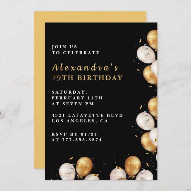 Black Gold 79th birthday invitations  Balloon  (Front/Back)