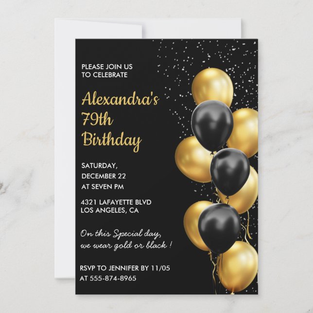 Black Gold 79th birthday invitations Glitter Glam (Front)