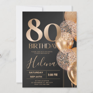 Black Gold 80th Birthday Glam Confetti Balloons Invitation