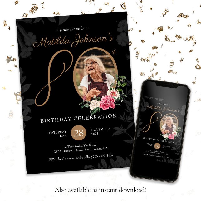 Black Gold 80th Birthday Party Invitation (80th Birthday Black Gold Floral Custom Photo Invitation)
