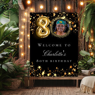 Black gold 80th photo birthday party welcome poster