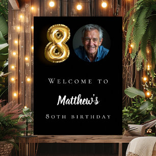 Black gold 80th photo birthday party welcome poster