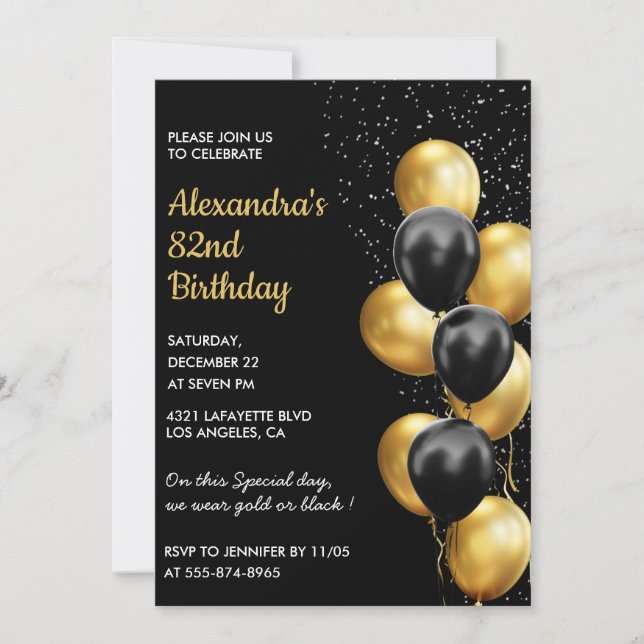 Black Gold 82nd birthday invitations Glitter Glam (Front)