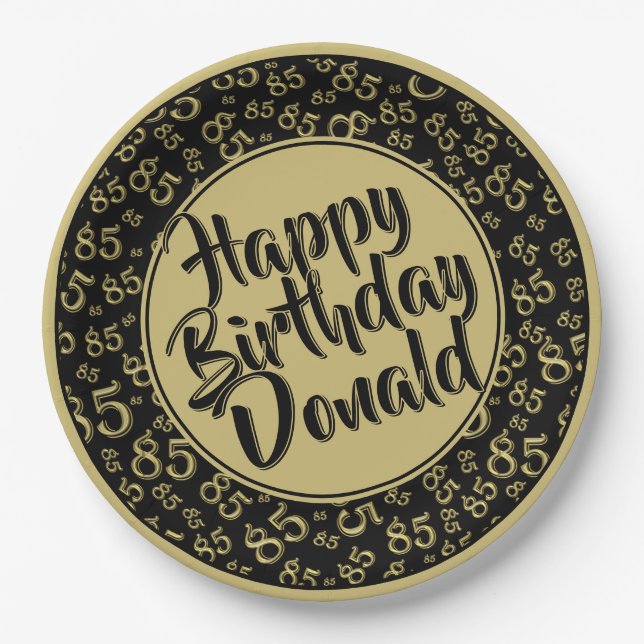 Black/Gold 85th Random Number Pattern Paper Plate (Front)