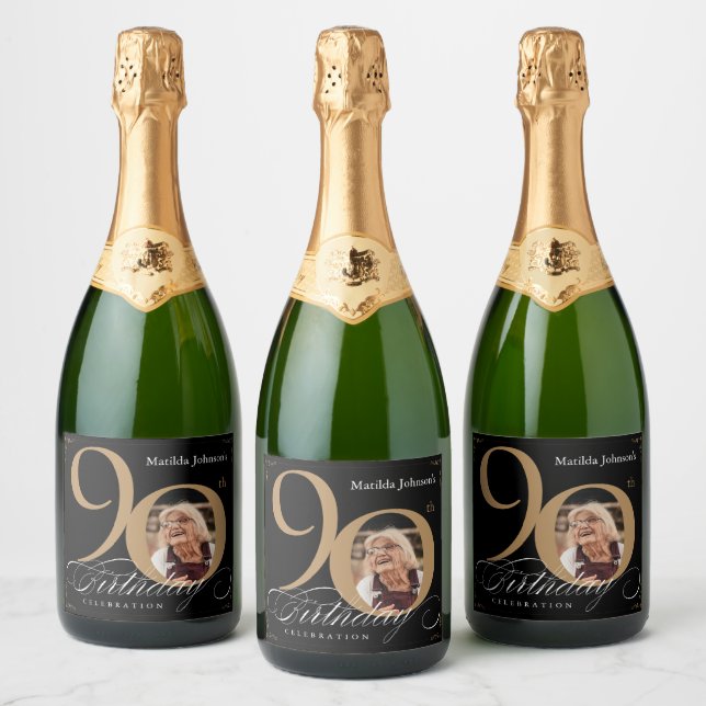 Black Gold 90th Birthday Calligraphy Elegant Photo Sparkling Wine Label (Bottles)