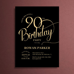 Black Gold 90th Birthday Elegant Script Invitation