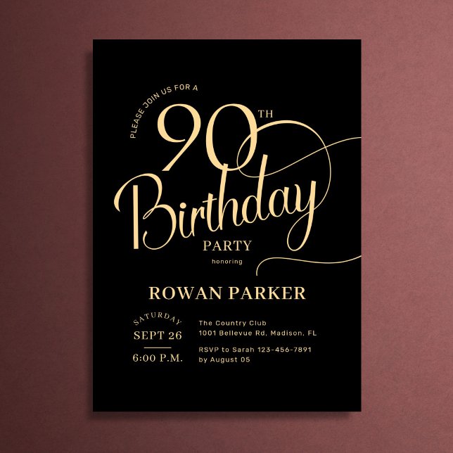 Black Gold 90th Birthday Elegant Script Invitation (Creator Uploaded)