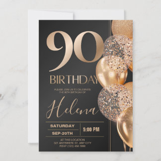 Black Gold 90th Birthday Glam Confetti Balloons Invitation