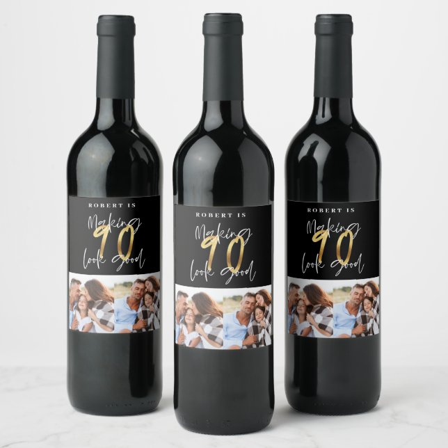 Black gold 90th birthday multi photo party  wine label (Bottles)