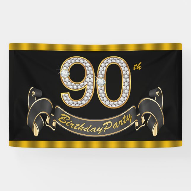 Black Gold 90th Birthday Party Banner (Horizontal)