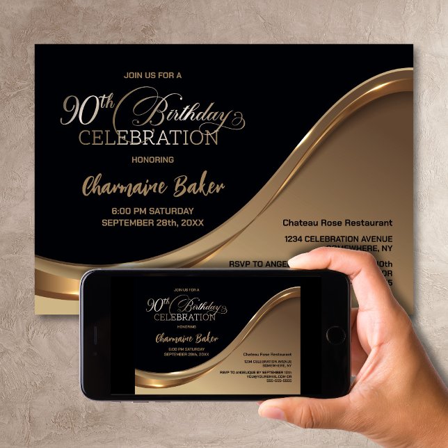Black Gold 90th Birthday Party Invitation (Creator Uploaded)