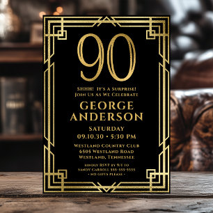 Black Gold 90th Birthday Photo Surprise Party Invitation