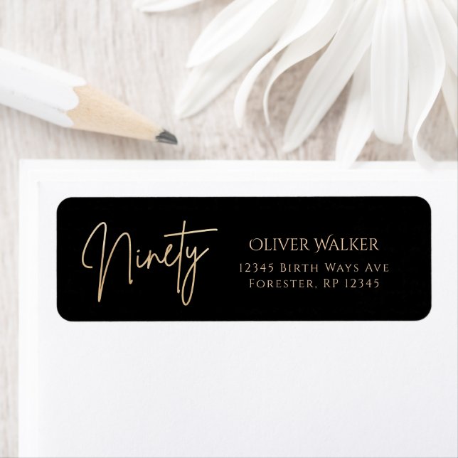 Black Gold 90th Birthday Return Address Label (Insitu)