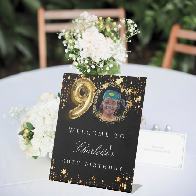 Black gold 90th photo birthday party welcome pedestal sign (Creator Uploaded)