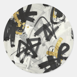 Black Gold Abstract Brushstrokes Classic Round Sticker