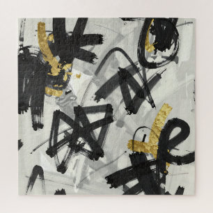 Black Gold Abstract Brushstrokes Jigsaw Puzzle