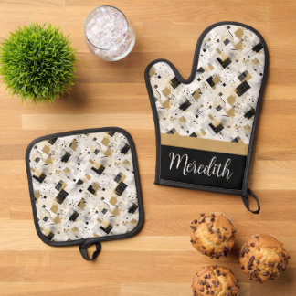 Black Gold Abstract Custom Name Gift Oven Mitt & Pot Holder Set