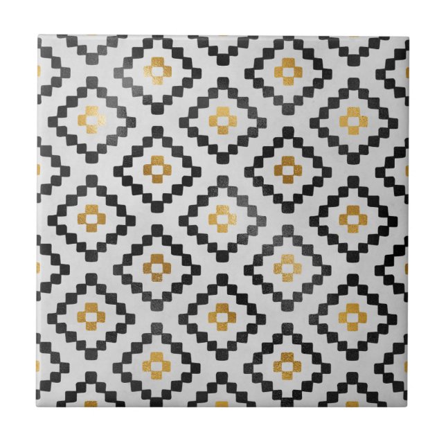 Black Gold Abstract Geometric Diamond Pattern Ceramic Tile (Front)