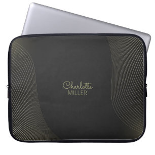 Black-Gold Abstract Lines with Custom Name Laptop Sleeve