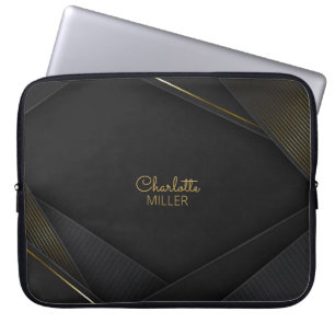Black-Gold Abstract Lines with Custom Name Laptop Sleeve