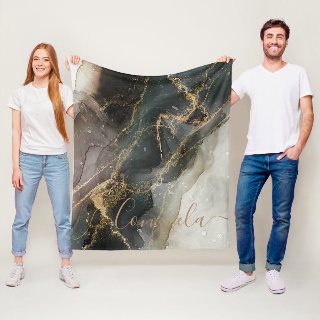 Black Gold Abstract Marble Fleece Blanket (In Situ)