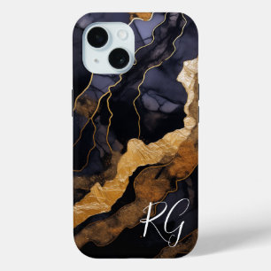 Black Gold Abstract Marble Monogram Initials iPhone 15 Case