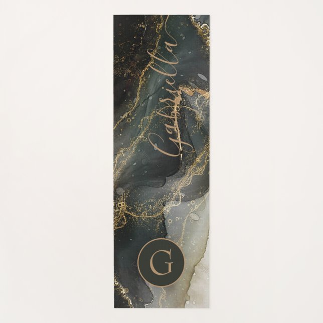Black Gold Abstract Marble Monogram Yoga Mat (Front)