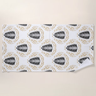 Black & Gold Abstract Paisley Leafs Pattern Beach Towel