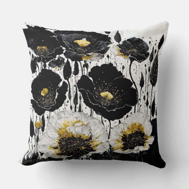 Black Gold Abstract Poppies Cushion (Front)