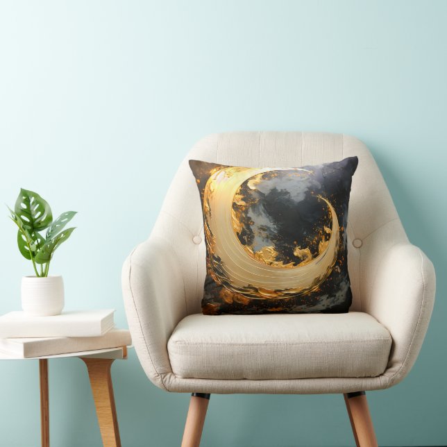 Black Gold Abstract Swirl Modern Moon Cushion (Chair)