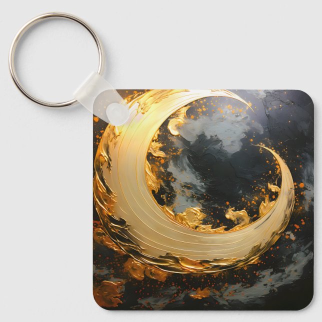 Black Gold Abstract Swirl Modern Moon Key Ring (Front)